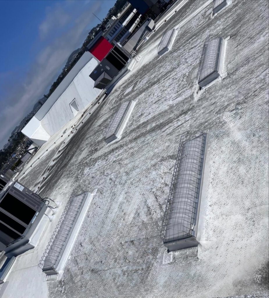 White commercial flat roof with caged skylights